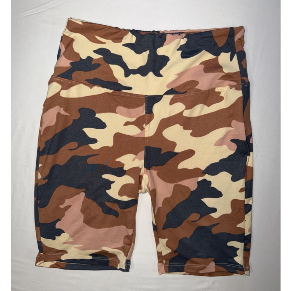 Zenana Camo Biker Shorts XL High Waisted Brown Pink Tan Camouflage Athletic Camo